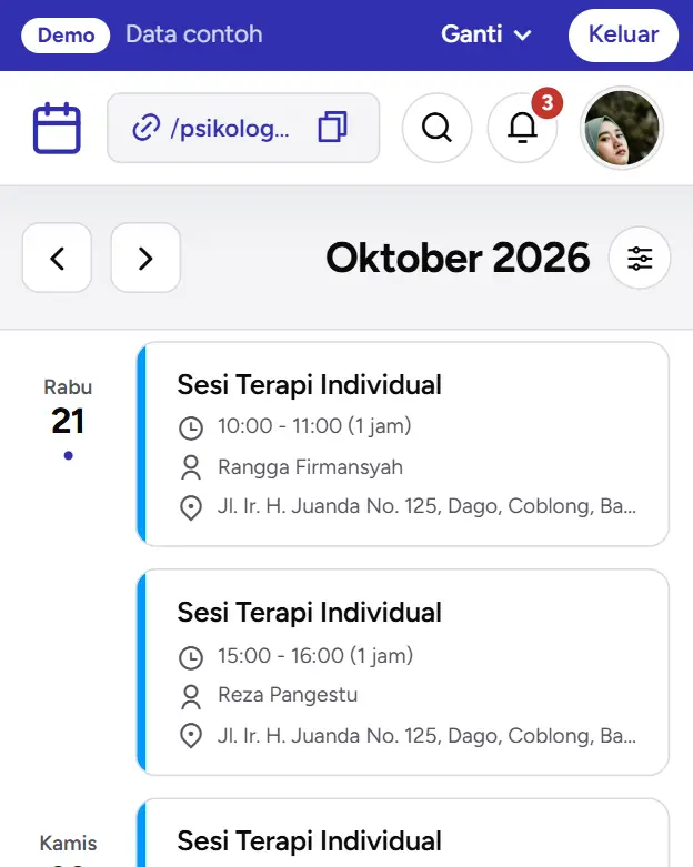 Kalender dasbor demo Nadia Rahmawati, M.Psi.
