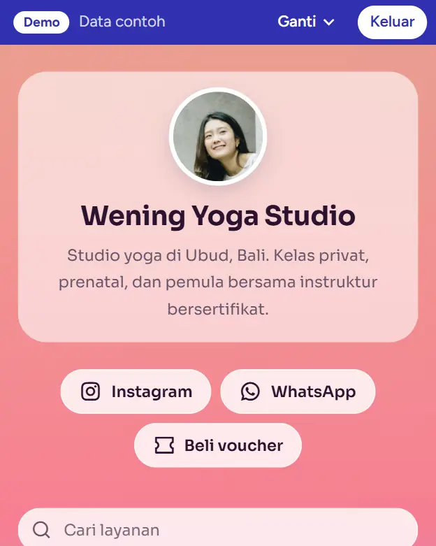 Halaman booking demo Wening Yoga Studio