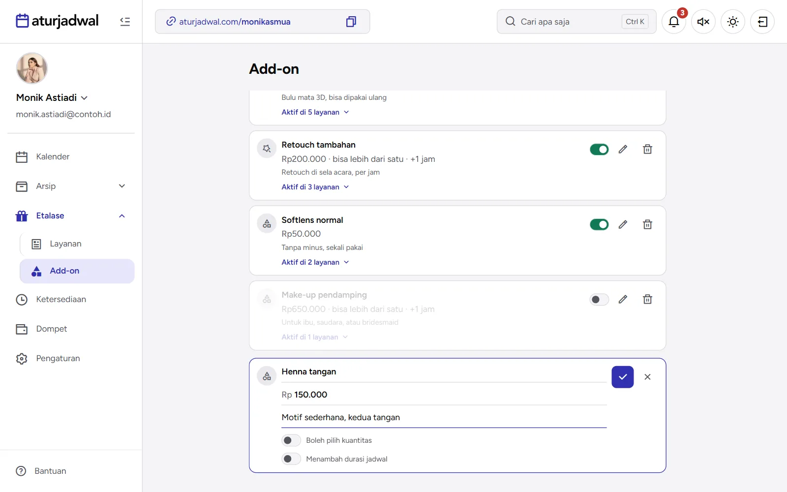 Tangkapan layar: halaman Add-on dengan add-on baru sedang diisi, tampilan desktop