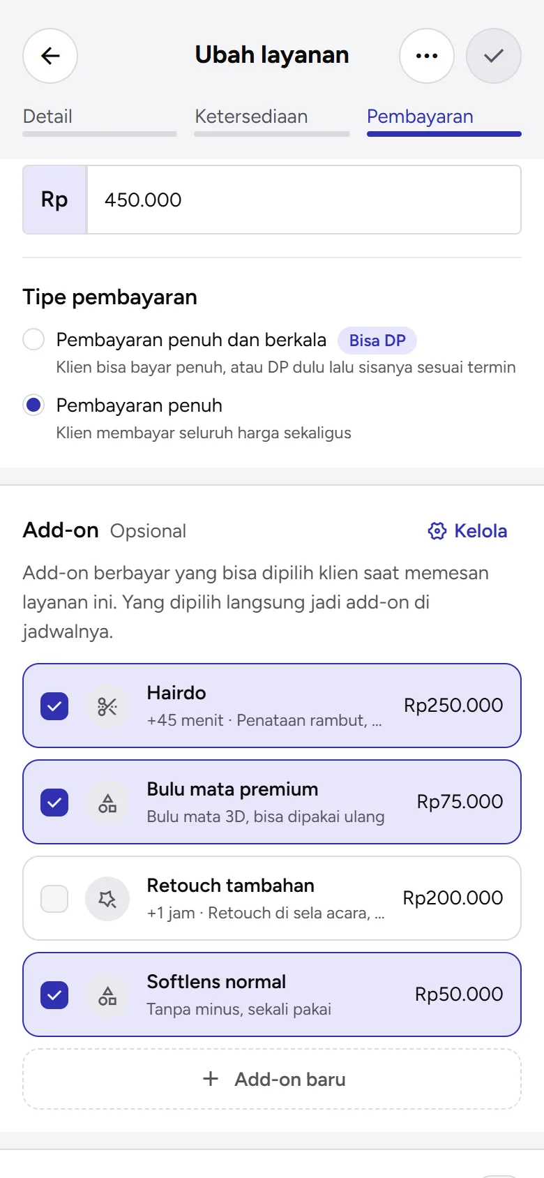 Tangkapan layar: kartu Add-on di form layanan dengan add-on yang dicentang, tampilan ponsel