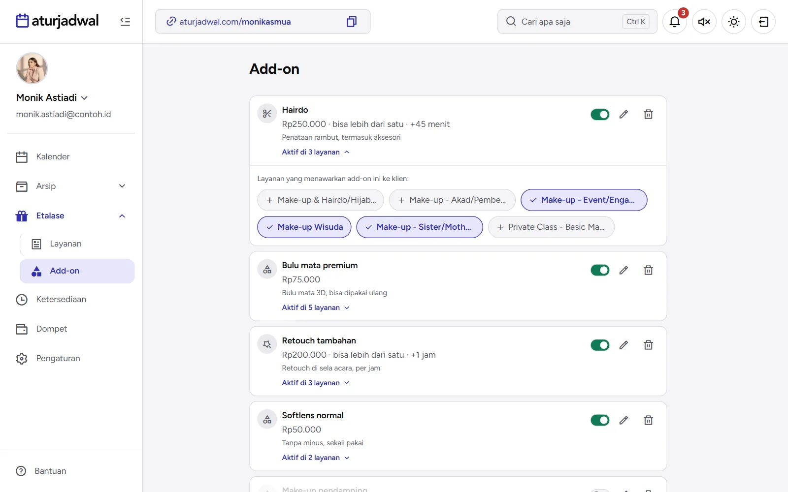 Tangkapan layar: daftar layanan yang menawarkan add-on Hairdo di halaman Add-on, tampilan desktop