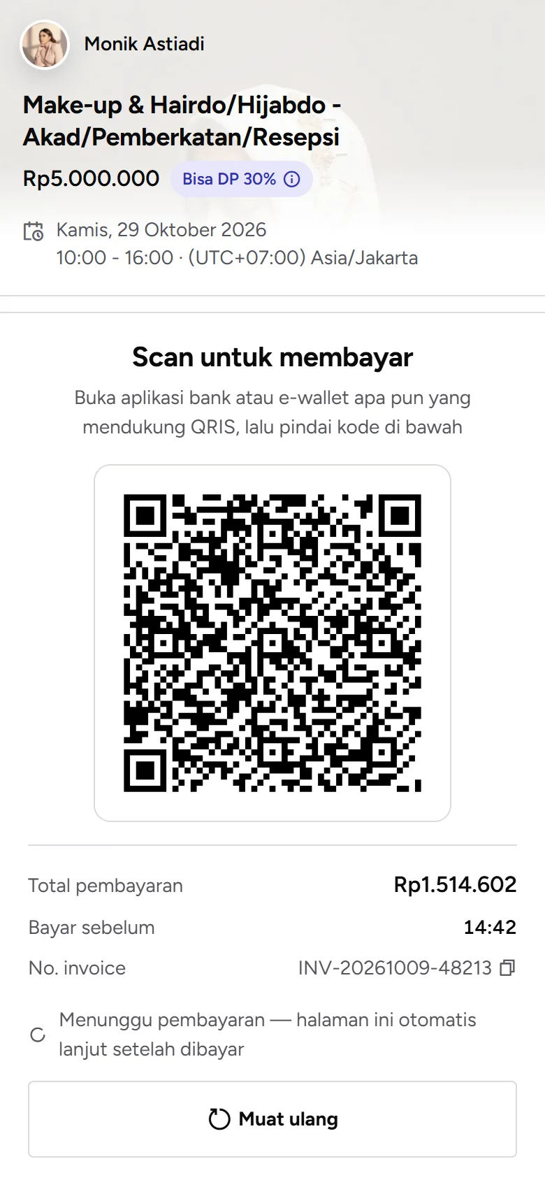 Tangkapan layar: layar Scan untuk membayar dengan kode QRIS, tampilan ponsel