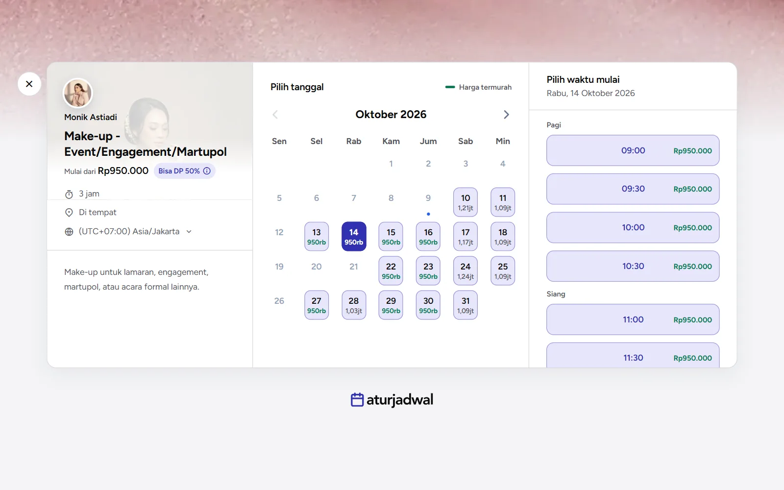 Tangkapan layar: kalender dengan harga di bawah tiap tanggal dan harga termurah berwarna hijau, tampilan desktop