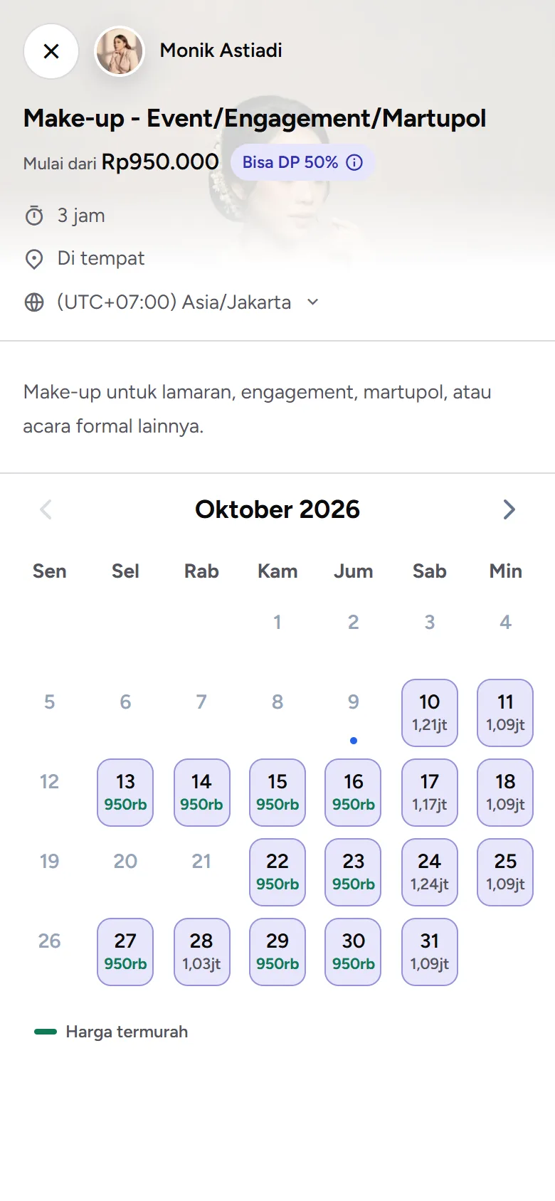 Tangkapan layar: kalender dengan harga di bawah tiap tanggal dan harga termurah berwarna hijau, tampilan ponsel