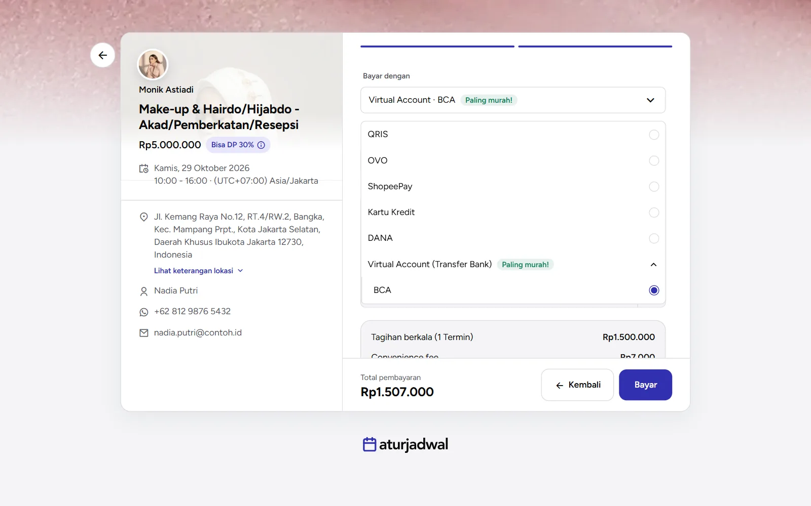 Tangkapan layar: daftar metode di kolom Bayar dengan, yang termurah berlabel Paling murah!, tampilan desktop