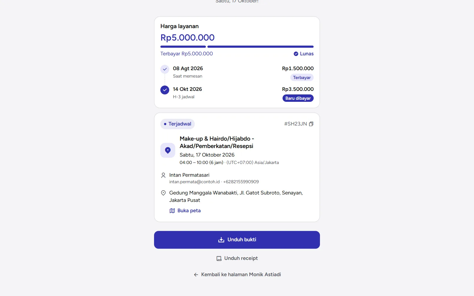 Tangkapan layar: laman sukses sesudah pembayaran dengan tombol Unduh bukti dan Unduh receipt, tampilan desktop