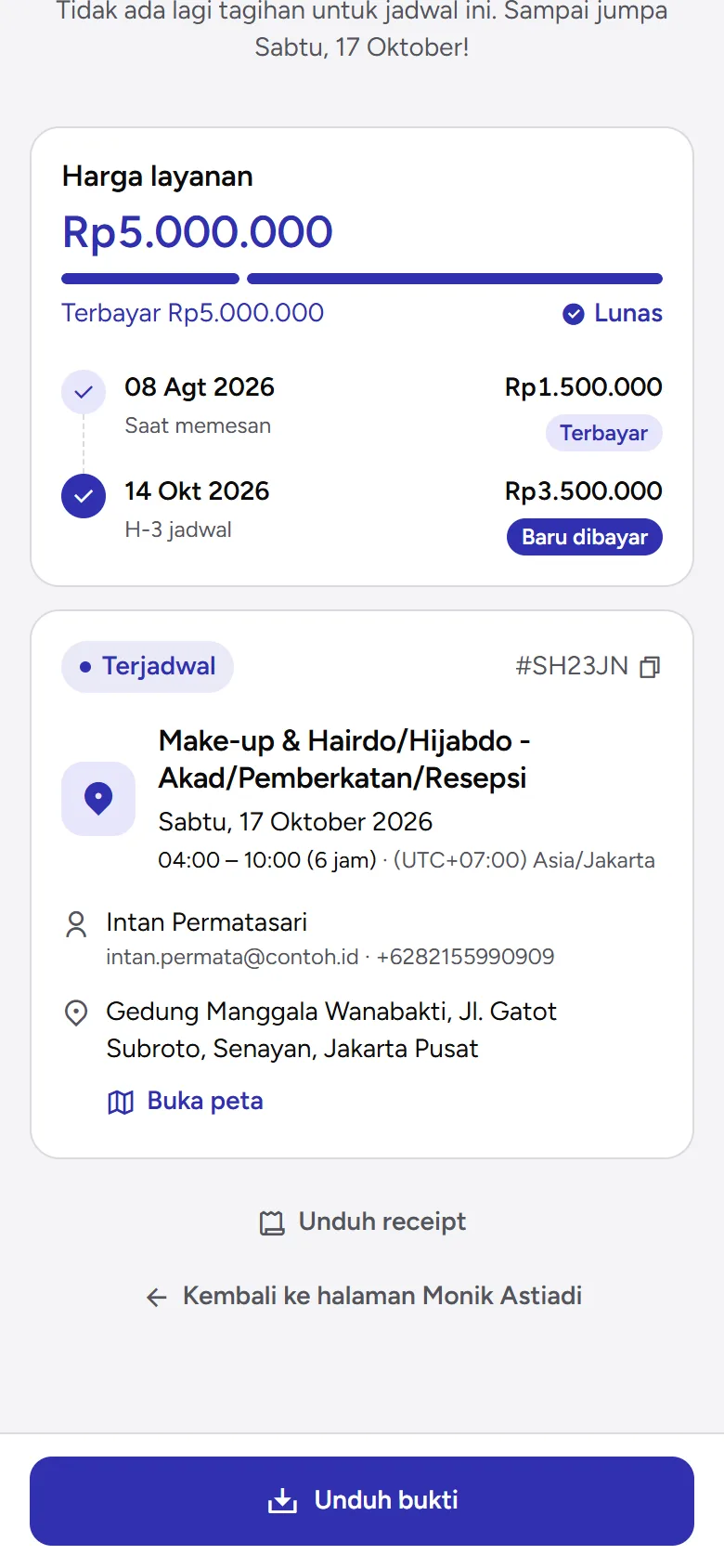 Tangkapan layar: laman sukses sesudah pembayaran dengan tombol Unduh bukti dan Unduh receipt, tampilan ponsel