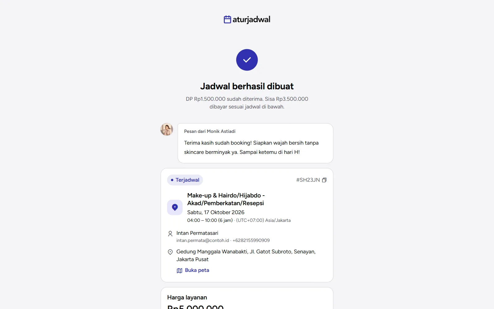 Tangkapan layar: laman sukses dengan pesan pemilik dan kartu jadwal, tampilan desktop