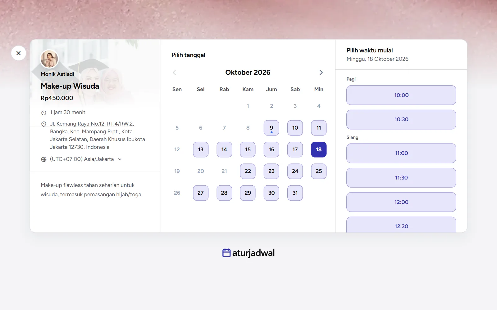 Tangkapan layar: kalender dan daftar jam yang dikelompokkan per bagian hari, tampilan desktop