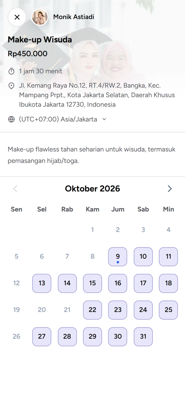Tangkapan layar: kalender dan daftar jam yang dikelompokkan per bagian hari, tampilan ponsel