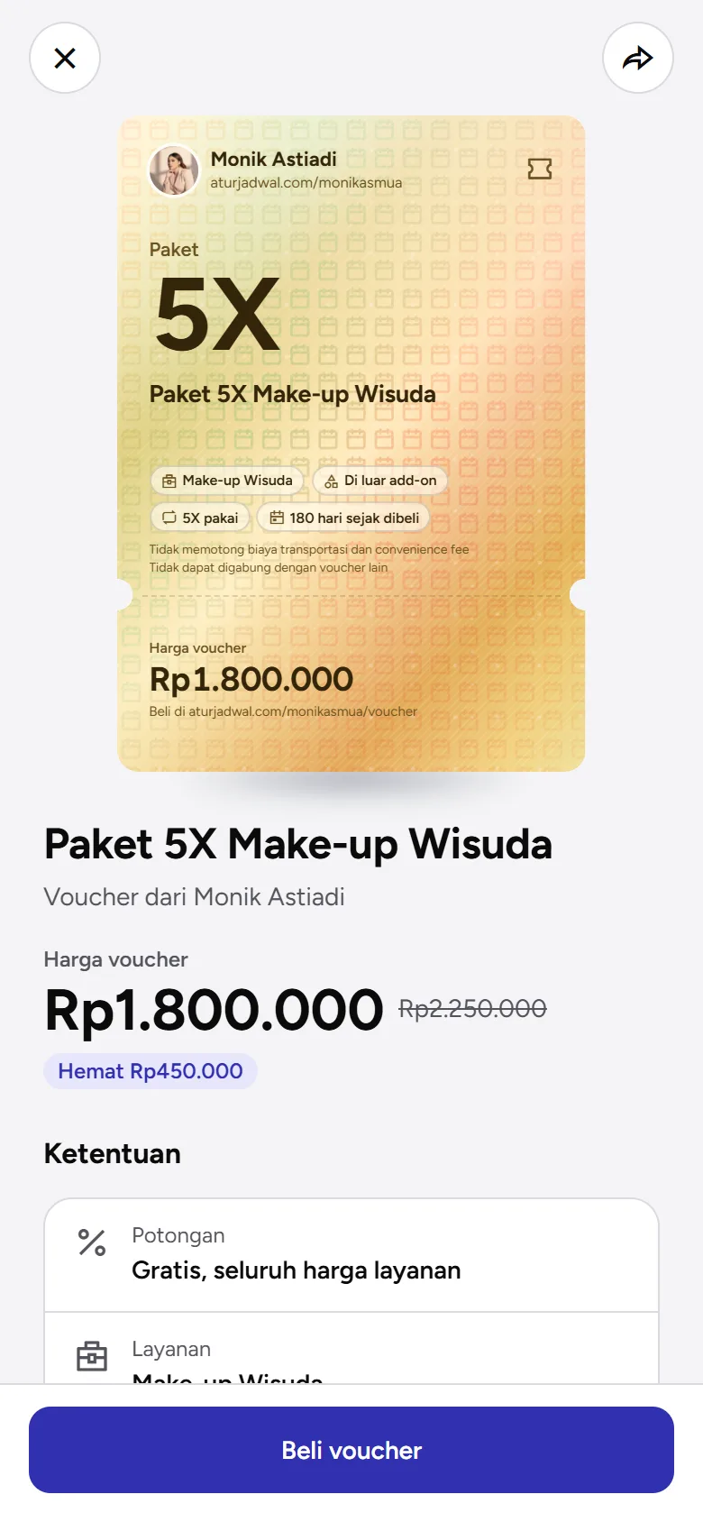 Tangkapan layar: halaman satu voucher dengan kartu, harga, ketentuan, dan tombol Beli voucher, tampilan ponsel