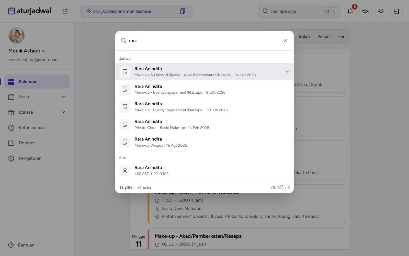 Tangkapan layar: Cari Cepat dengan hasil jadwal dan klien, tampilan desktop