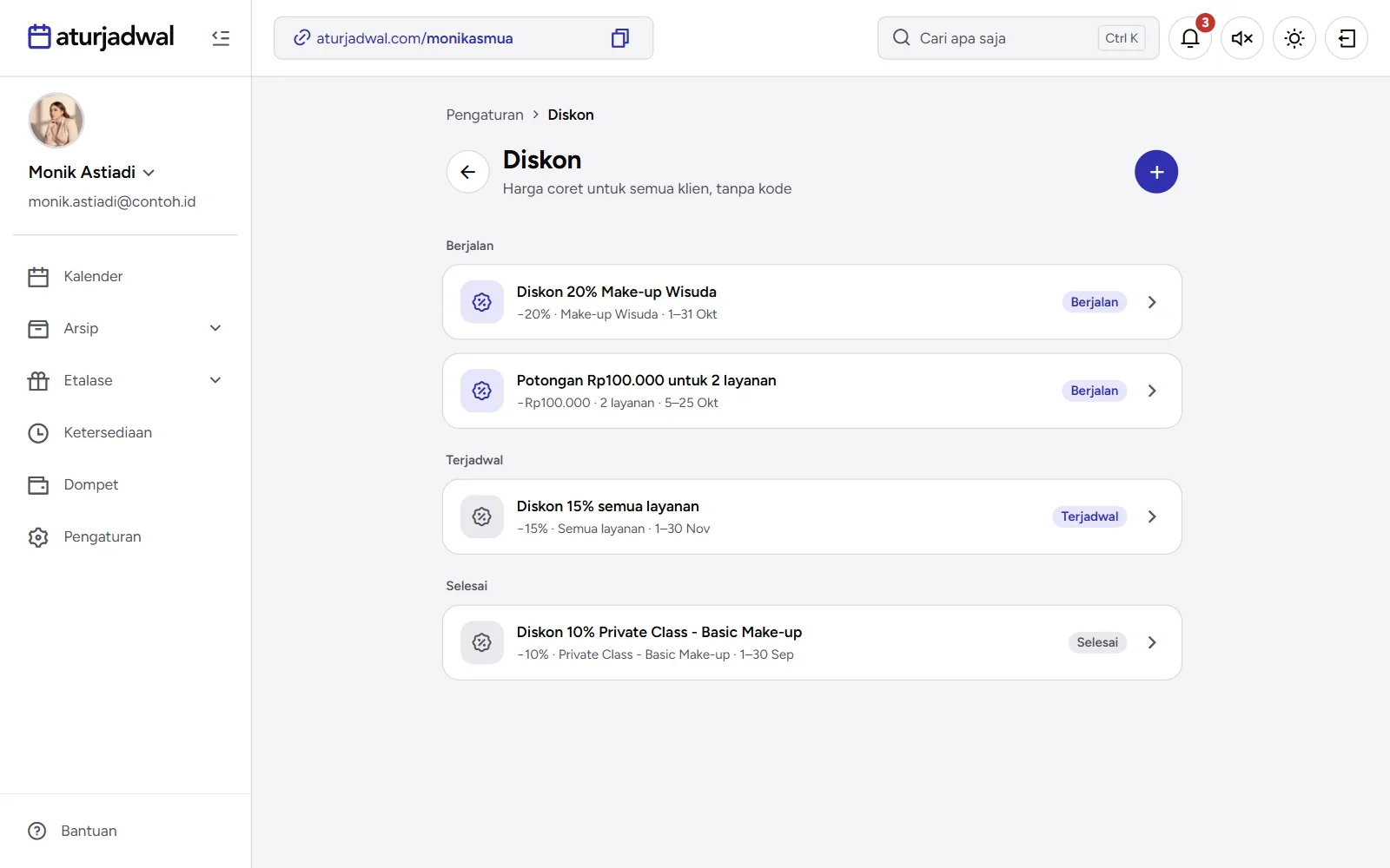 Tangkapan layar: daftar Diskon yang dikelompokkan Berjalan, Terjadwal, dan Selesai, tampilan desktop