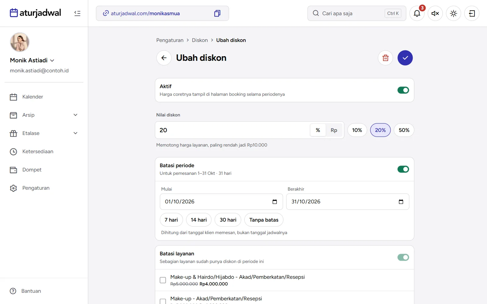 Tangkapan layar: formulir Ubah diskon dengan nilai 20% dan Batasi periode 1–31 Okt, tampilan desktop