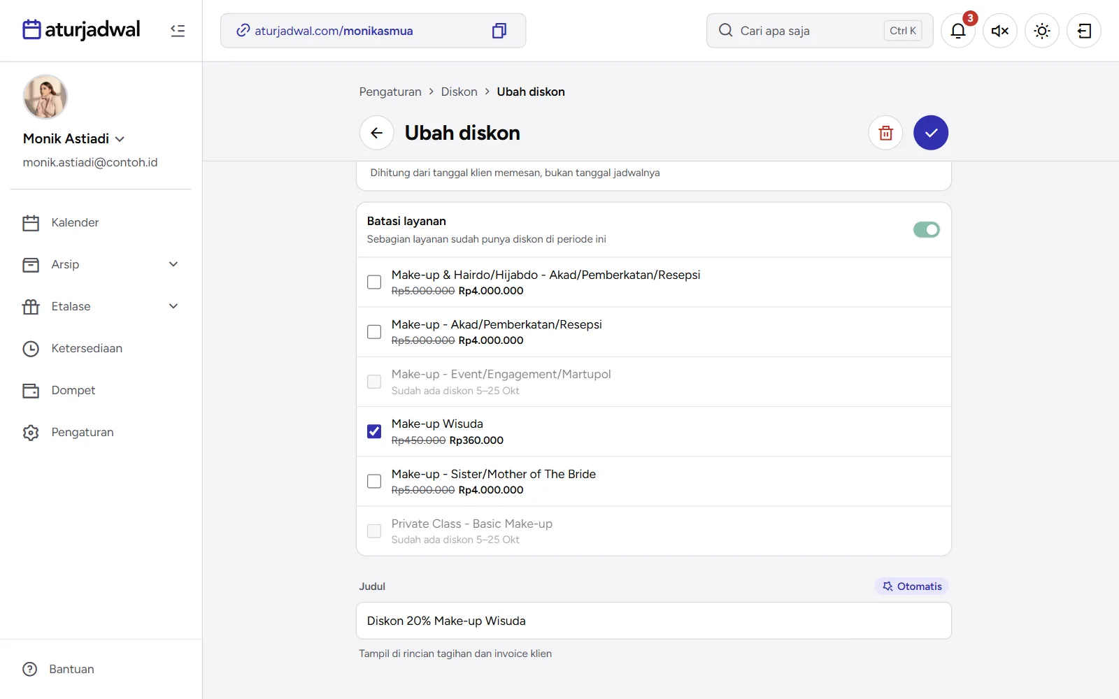 Tangkapan layar: pilihan layanan di formulir diskon, dengan harga setelah diskon dan layanan yang sudah punya diskon, tampilan desktop