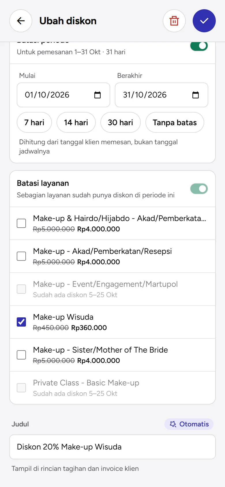 Tangkapan layar: pilihan layanan di formulir diskon, dengan harga setelah diskon dan layanan yang sudah punya diskon, tampilan ponsel