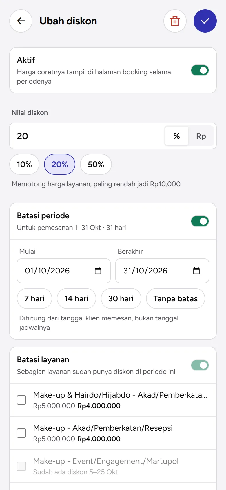 Tangkapan layar: formulir Ubah diskon dengan nilai 20% dan Batasi periode 1–31 Okt, tampilan ponsel