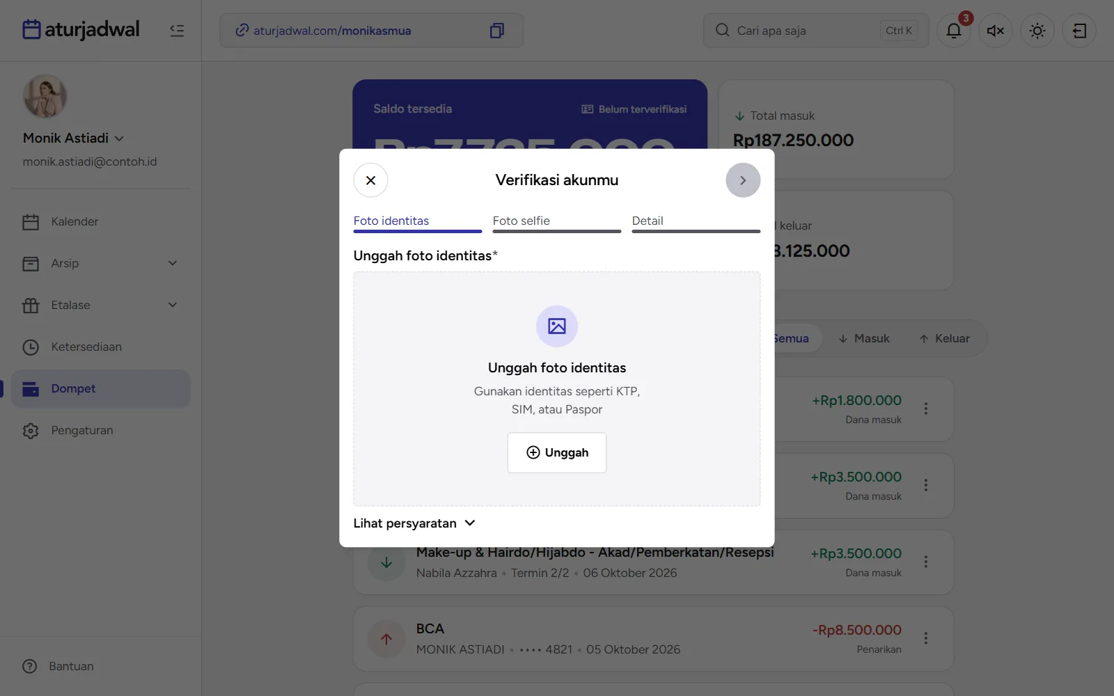 Tangkapan layar: formulir Verifikasi akunmu, langkah Foto identitas, tampilan desktop