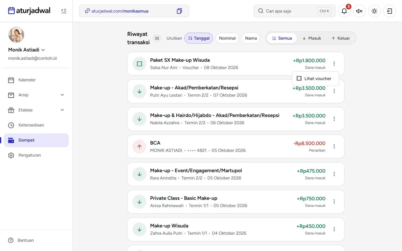 Tangkapan layar: Riwayat transaksi dengan penjualan voucher, pembayaran termin, dan penarikan, tampilan desktop