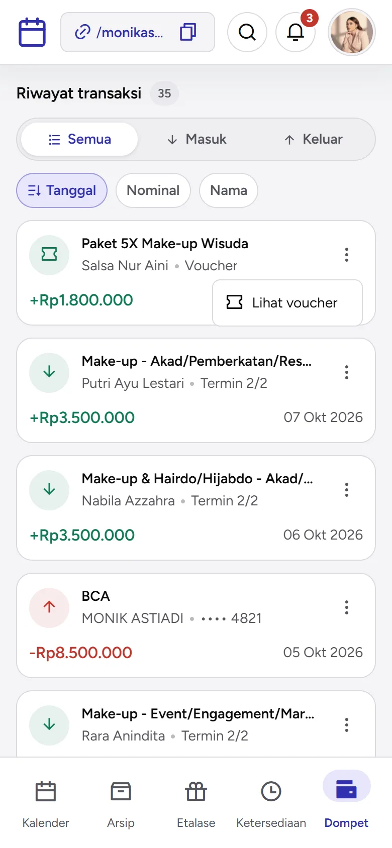 Tangkapan layar: Riwayat transaksi dengan penjualan voucher, pembayaran termin, dan penarikan, tampilan ponsel