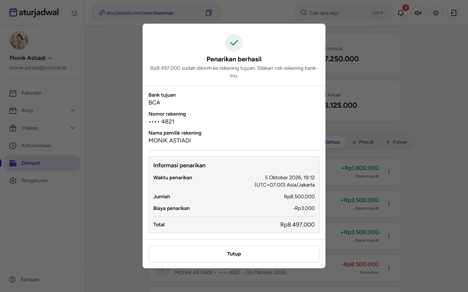 Tangkapan layar: detail penarikan dengan status Penarikan berhasil, tampilan desktop
