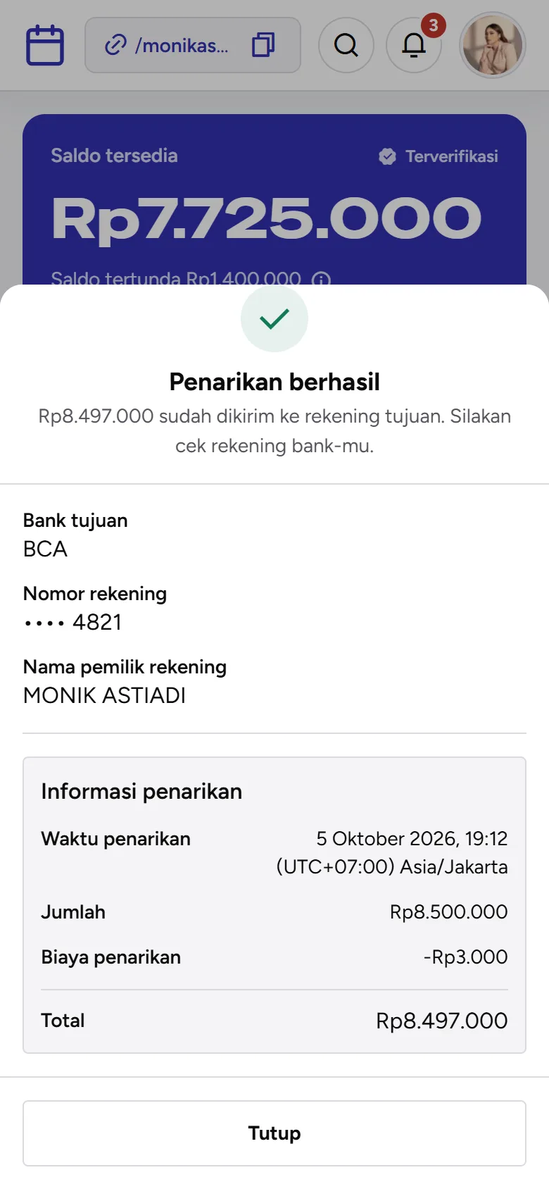 Tangkapan layar: detail penarikan dengan status Penarikan berhasil, tampilan ponsel