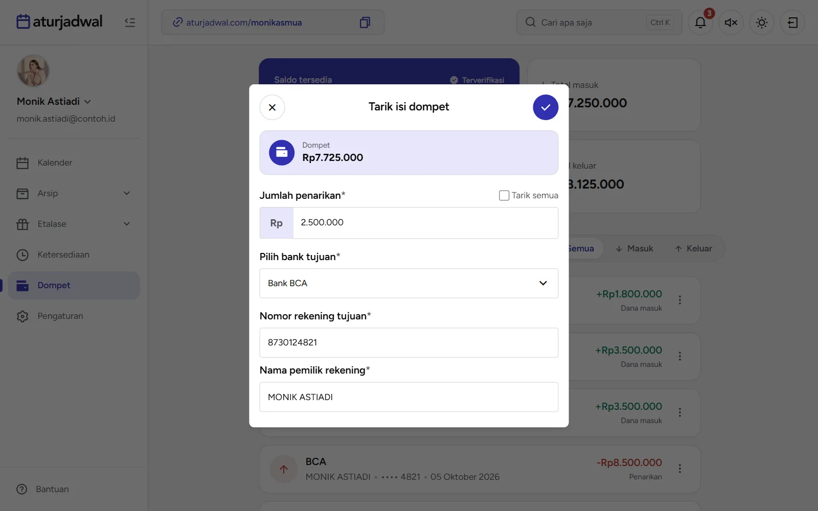Tangkapan layar: formulir Tarik isi dompet yang sudah diisi, tampilan desktop