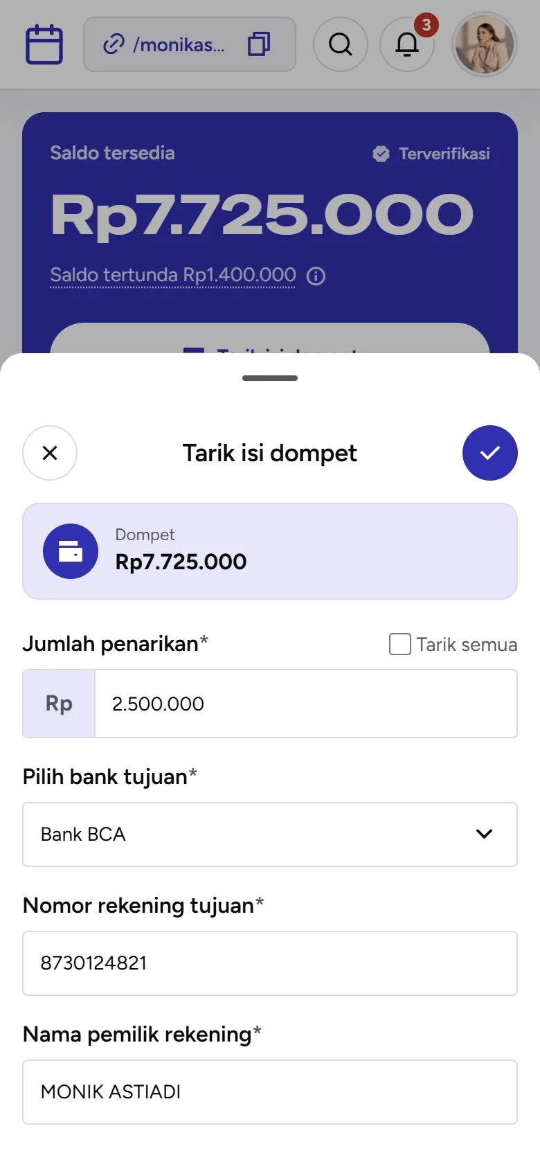Tangkapan layar: formulir Tarik isi dompet yang sudah diisi, tampilan ponsel
