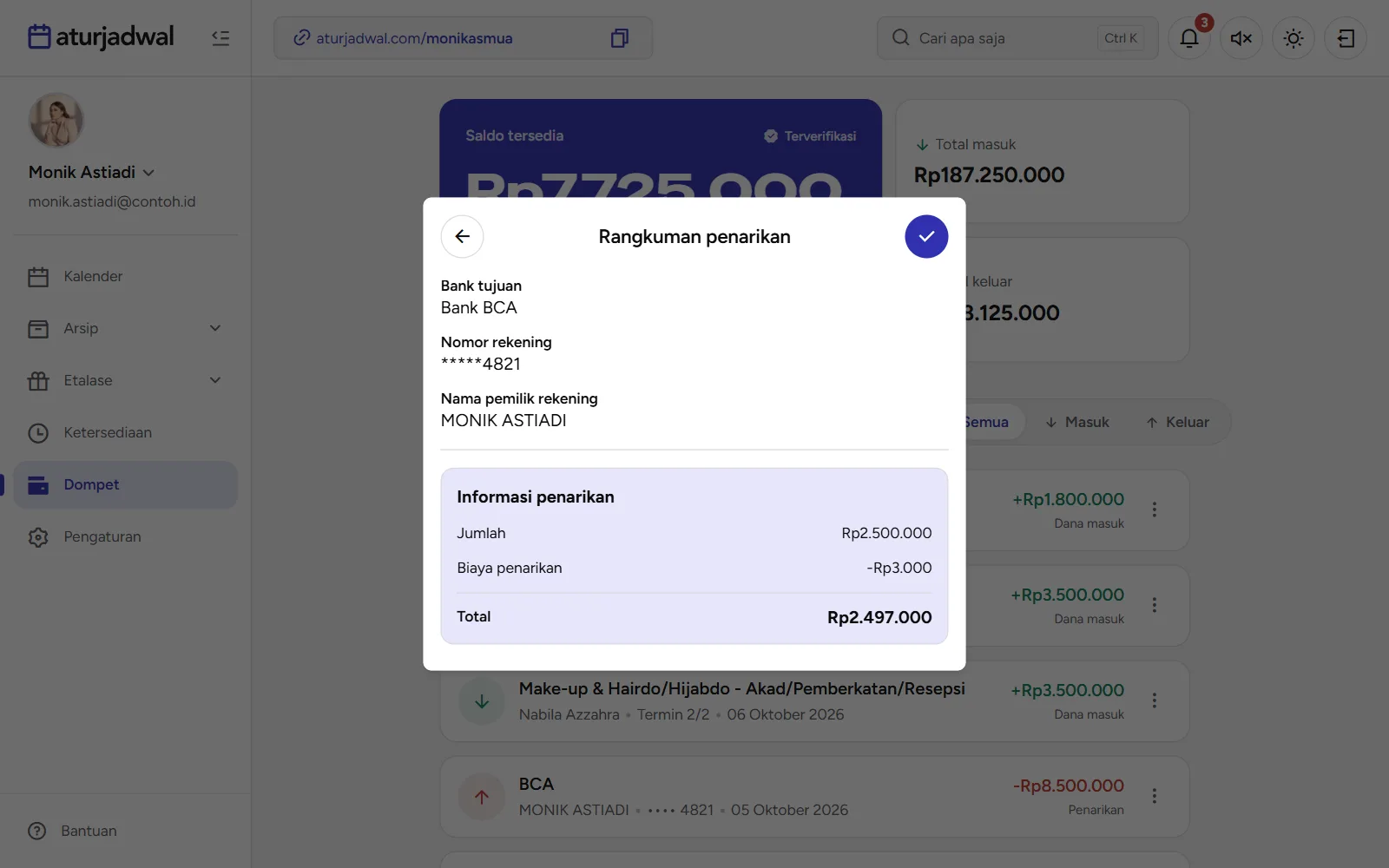 Tangkapan layar: Rangkuman penarikan dengan biaya penarikan Rp3.000, tampilan desktop