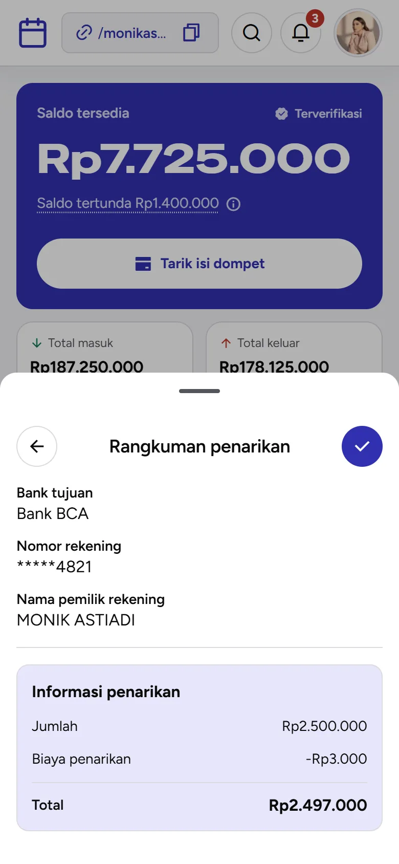 Tangkapan layar: Rangkuman penarikan dengan biaya penarikan Rp3.000, tampilan ponsel