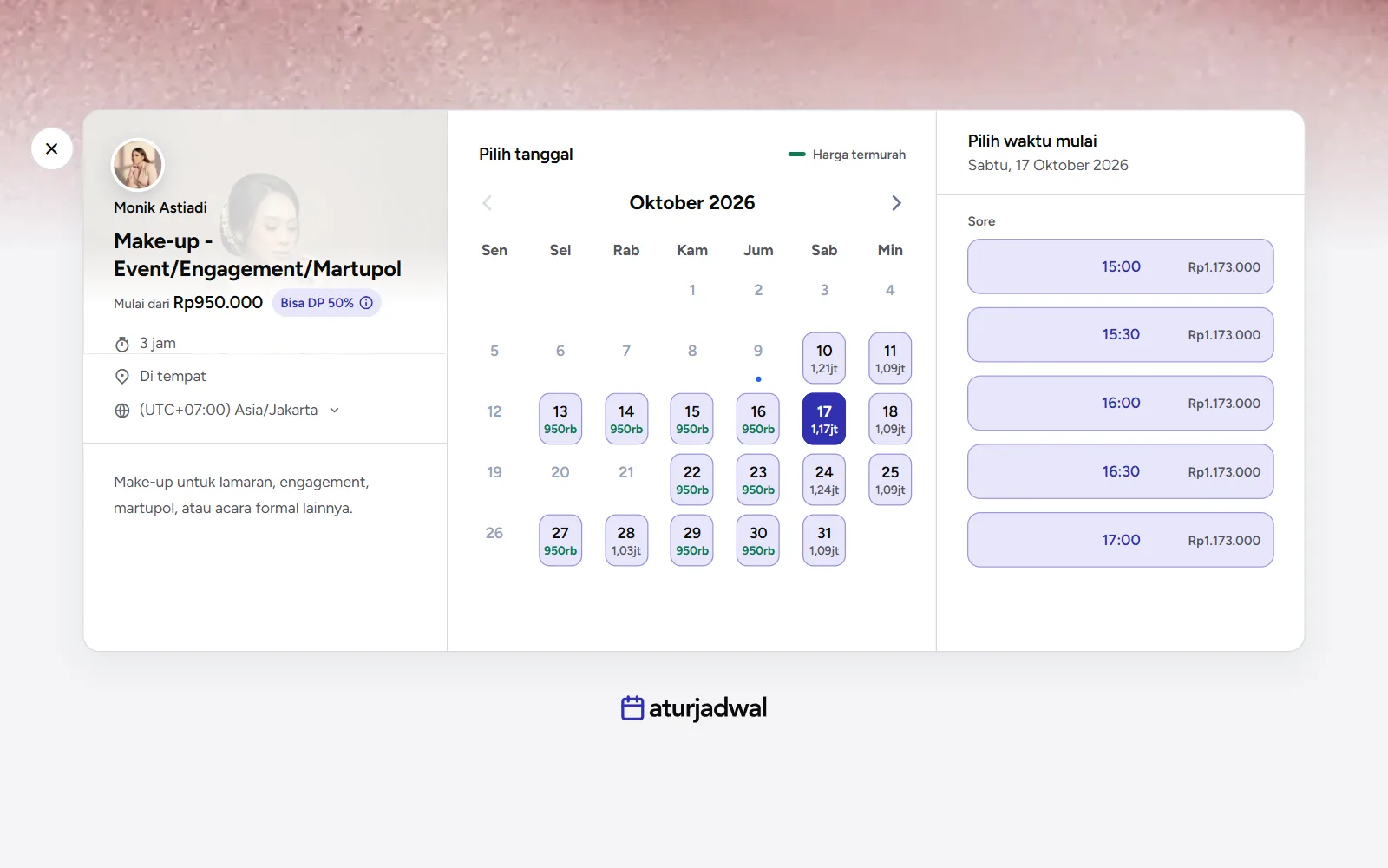 Tangkapan layar: kalender harga dan harga tiap jam di halaman booking, tampilan desktop