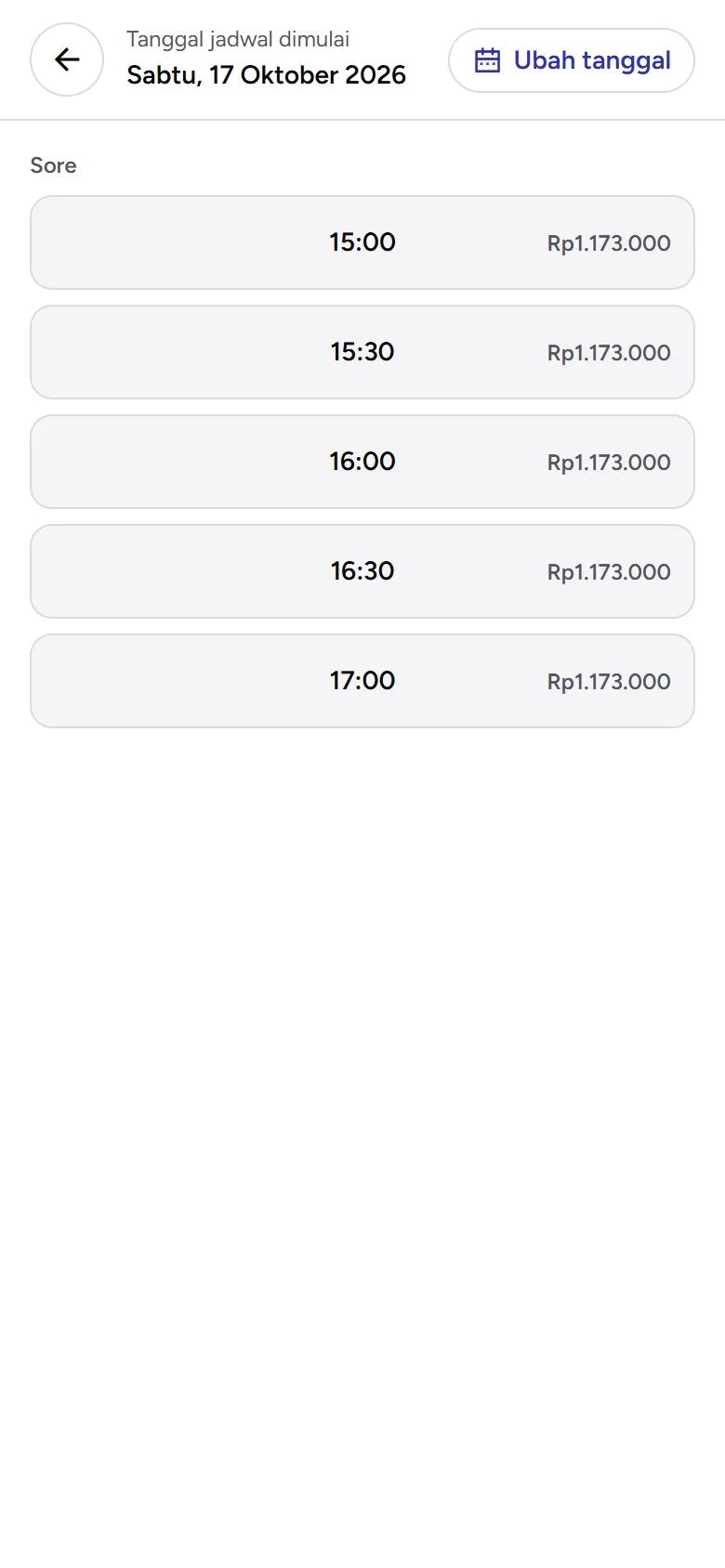 Tangkapan layar: daftar jam dengan harganya di halaman booking, tampilan ponsel