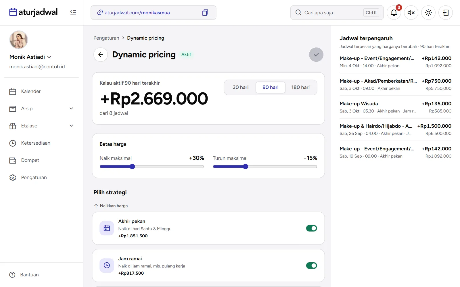 Tangkapan layar: halaman Dynamic pricing dengan perkiraan, batas harga, strategi, dan jadwal terpengaruh, tampilan desktop