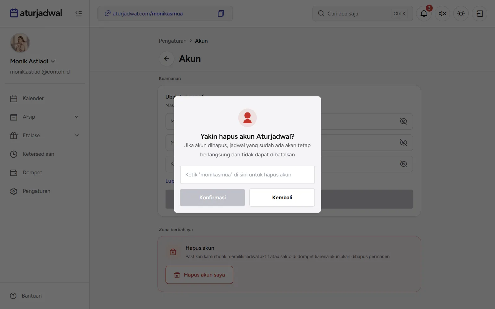 Tangkapan layar: konfirmasi Yakin hapus akun Aturjadwal? dengan kotak username, tampilan desktop
