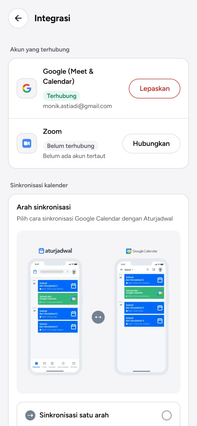 Tangkapan layar: Pengaturan Integrasi dengan Google terhubung dan Zoom belum terhubung, tampilan ponsel
