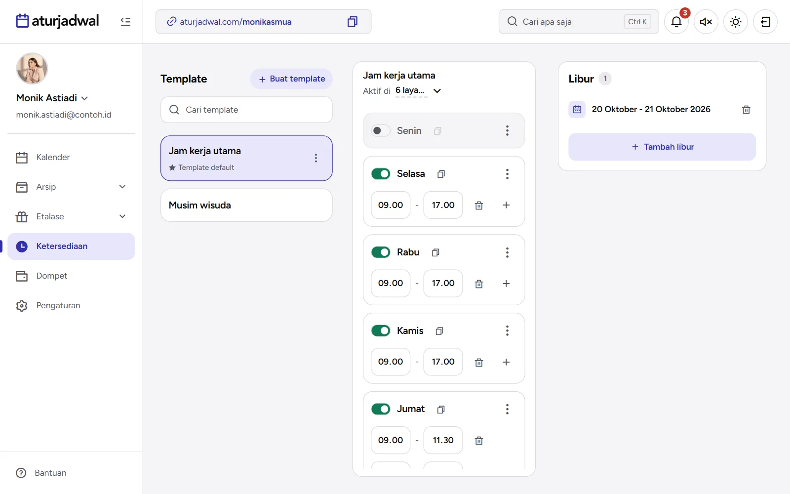 Tangkapan layar: halaman Ketersediaan dengan template Jam kerja utama, tampilan desktop