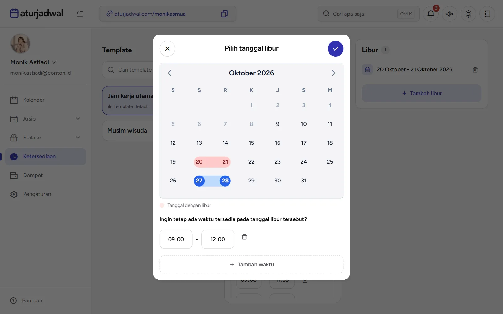 Tangkapan layar: formulir Pilih tanggal libur dengan jam yang tetap tersedia, tampilan desktop