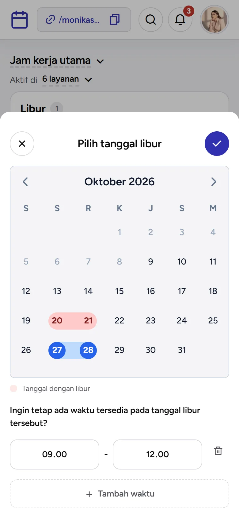 Tangkapan layar: formulir Pilih tanggal libur dengan jam yang tetap tersedia, tampilan ponsel