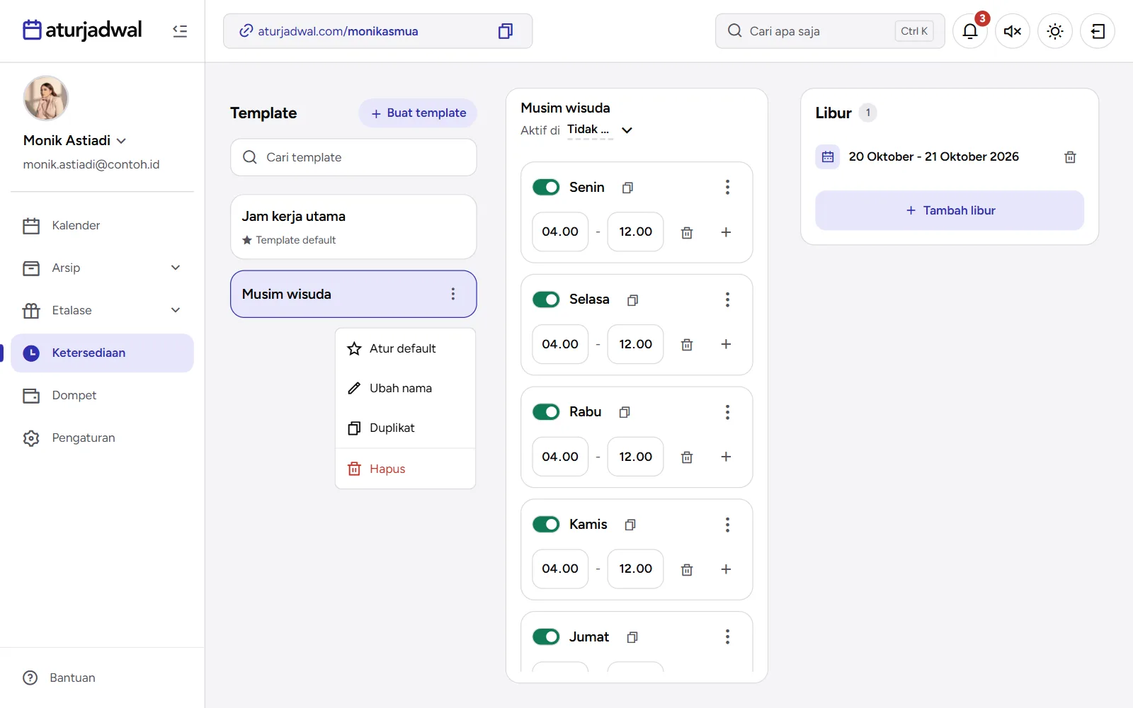 Tangkapan layar: menu template dengan Atur default, Ubah nama, Duplikat, dan Hapus, tampilan desktop