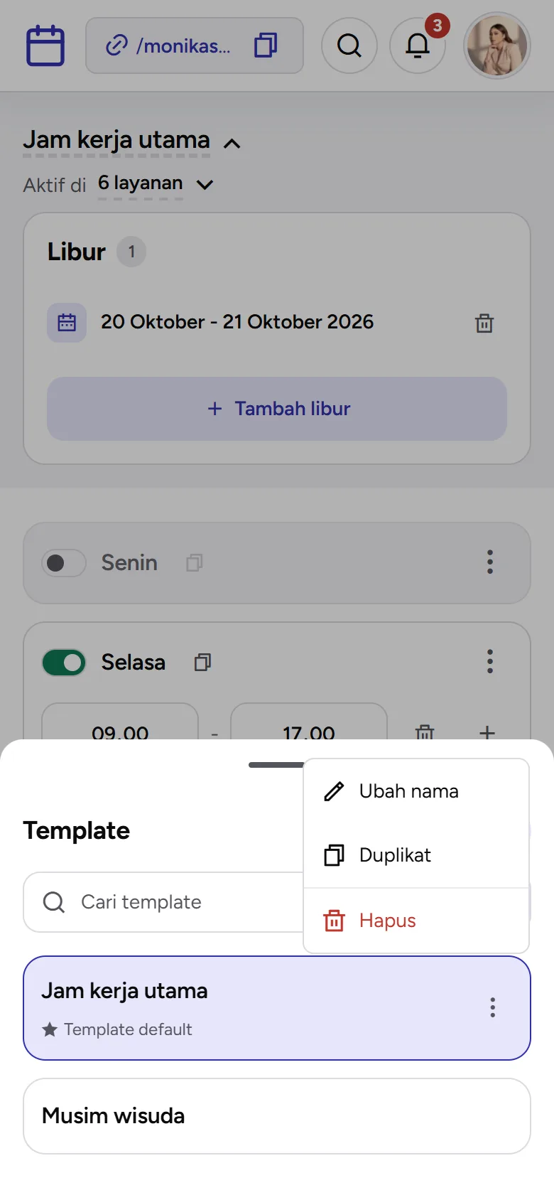 Tangkapan layar: daftar template dengan menu Ubah nama, Duplikat, dan Hapus, tampilan ponsel