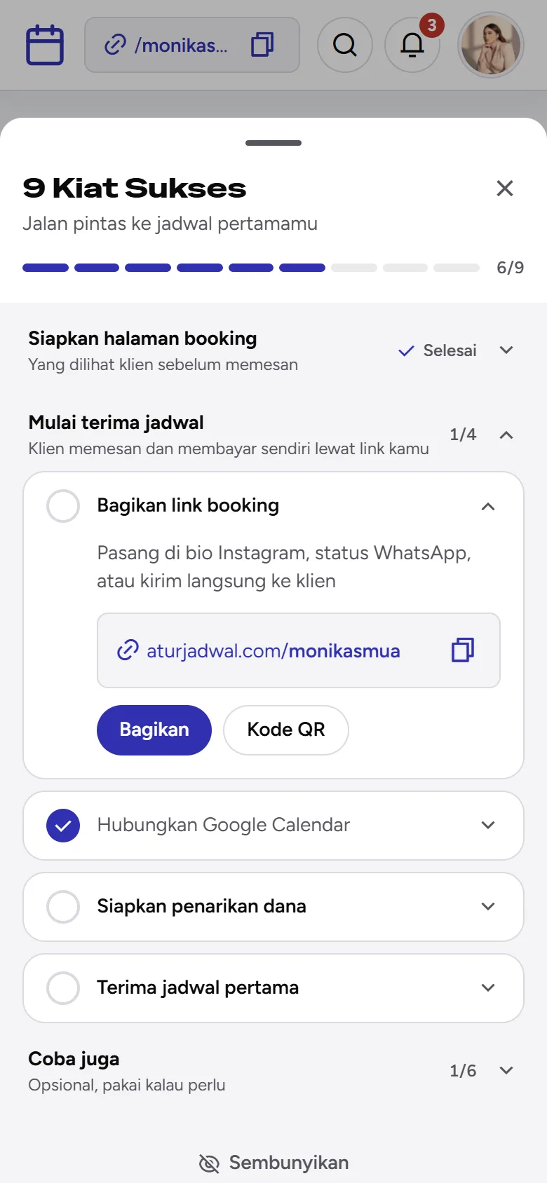 Tangkapan layar: daftar 9 Kiat Sukses sebagai lembar bawah, tampilan ponsel