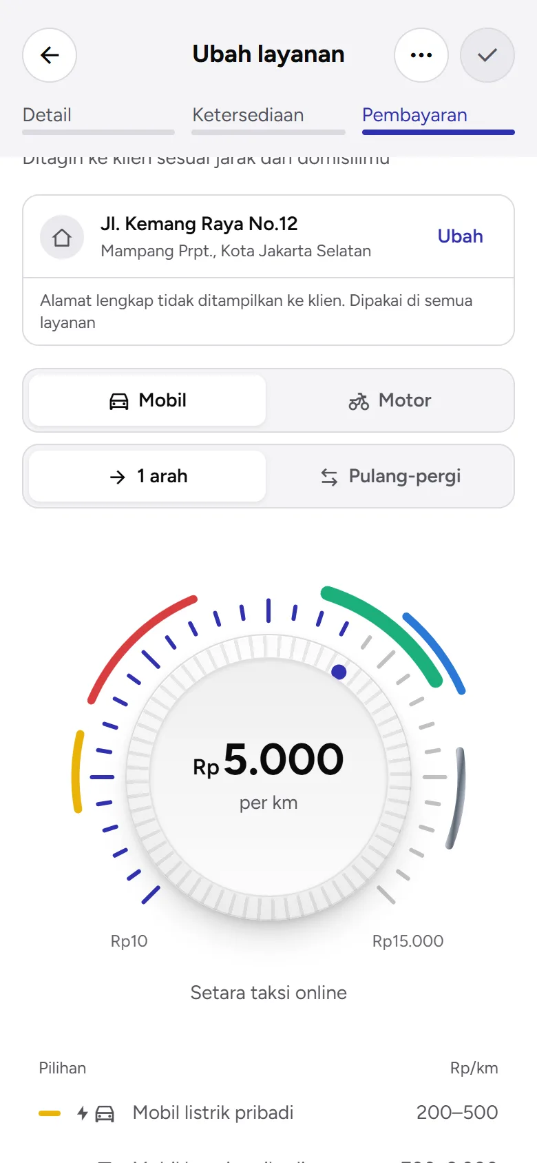 Tangkapan layar: Biaya transportasi otomatis dengan pilihan kendaraan, arah, dan knob tarif, tampilan ponsel