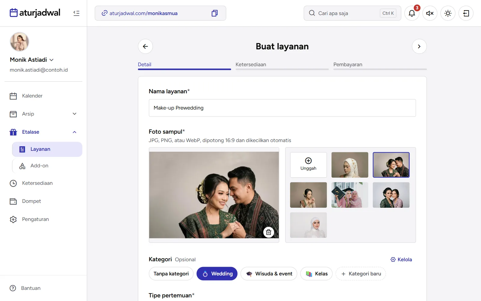 Tangkapan layar: form Buat layanan di langkah Detail dengan nama, foto sampul, dan kategori terisi, tampilan desktop