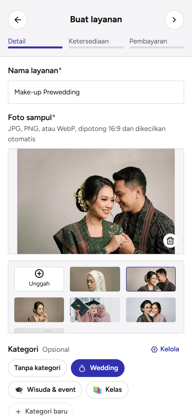 Tangkapan layar: form Buat layanan di langkah Detail dengan nama, foto sampul, dan kategori terisi, tampilan ponsel