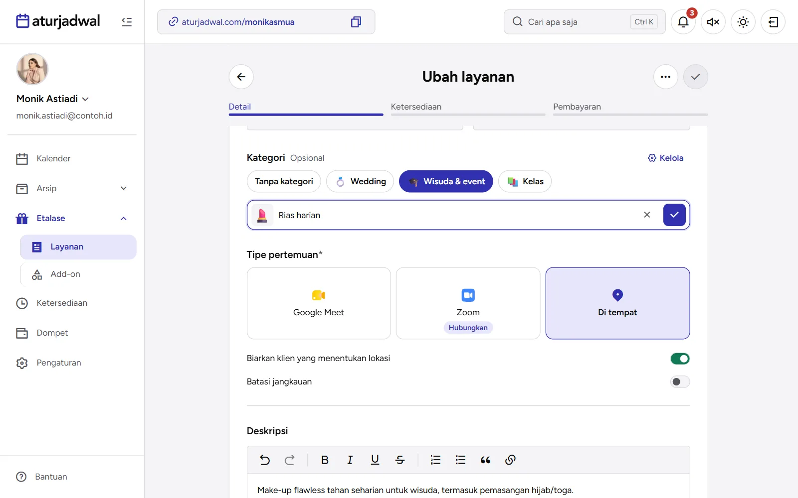 Tangkapan layar: kolom Kategori dengan kategori baru sedang diisi, tampilan desktop