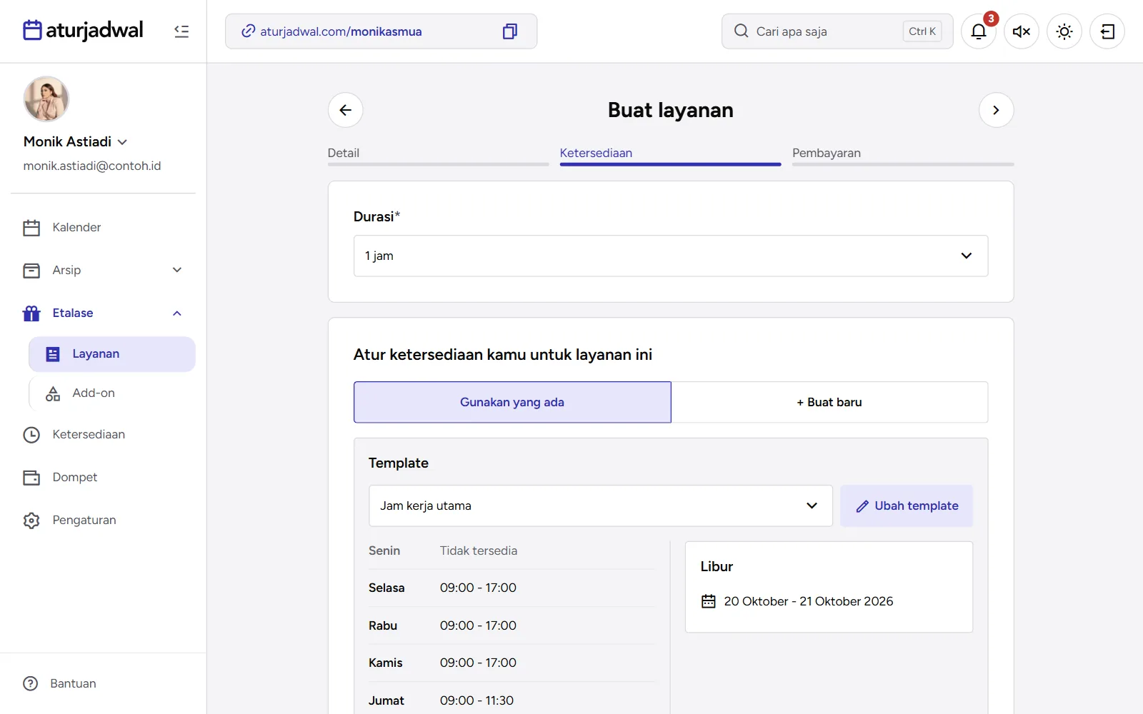 Tangkapan layar: langkah Ketersediaan dengan durasi dan template ketersediaan terpilih, tampilan desktop