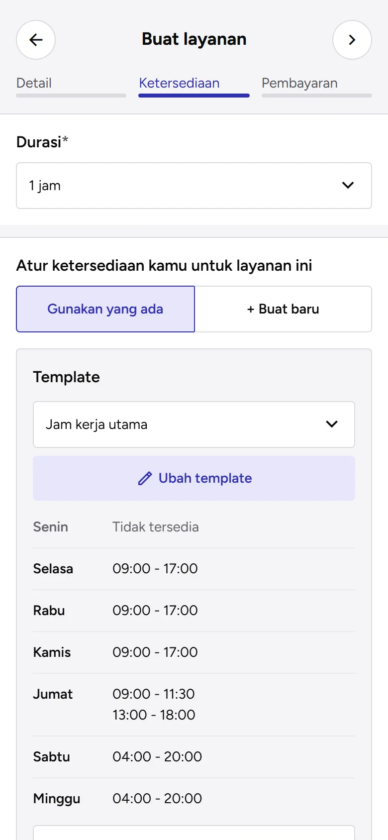 Tangkapan layar: langkah Ketersediaan dengan durasi dan template ketersediaan terpilih, tampilan ponsel