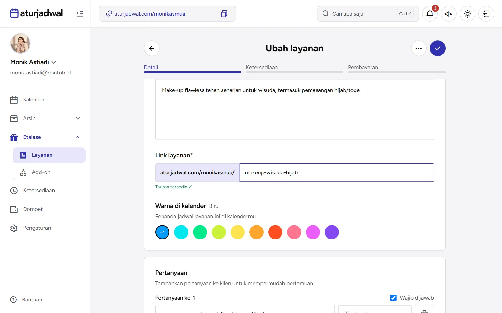 Tangkapan layar: kolom Link layanan dengan status Tautan tersedia, tampilan desktop