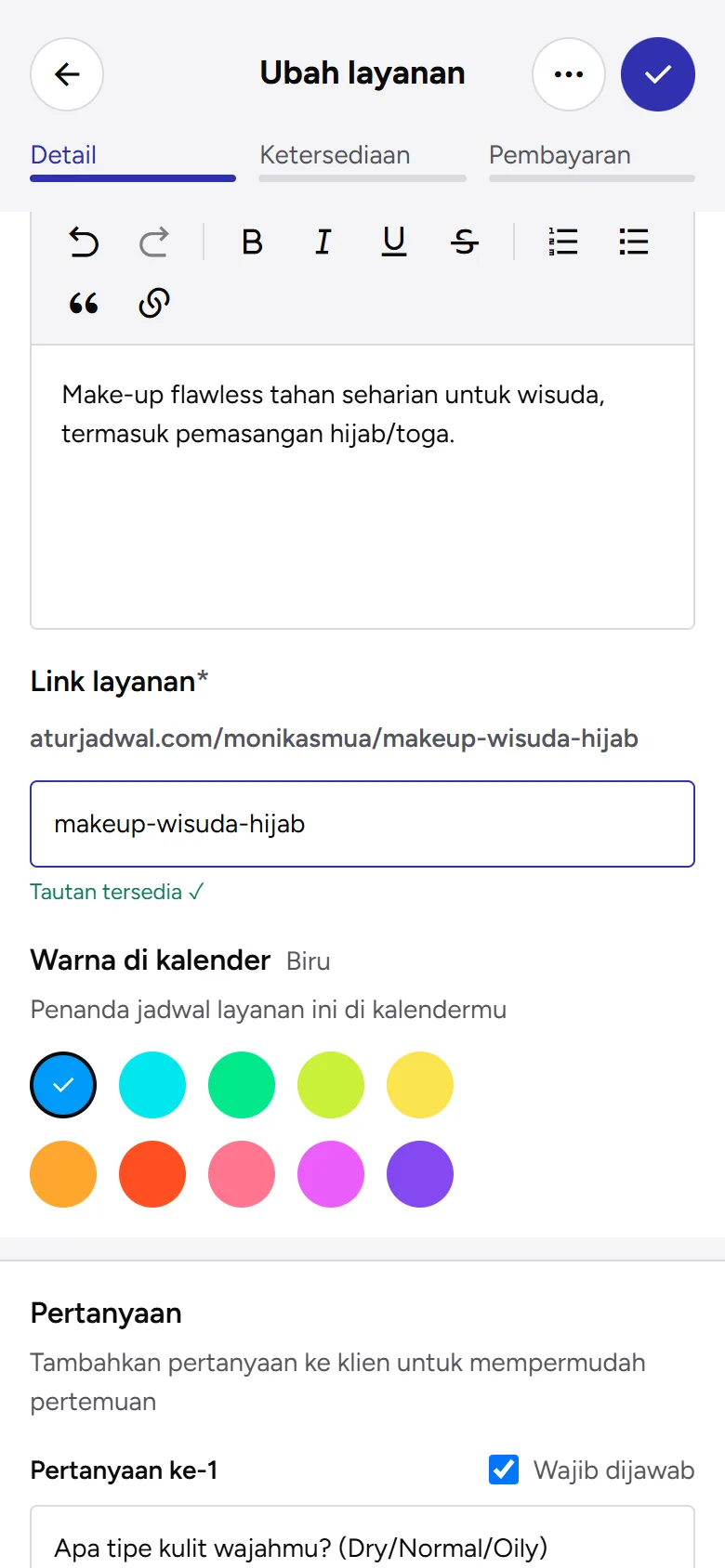 Tangkapan layar: kolom Link layanan dengan status Tautan tersedia, tampilan ponsel