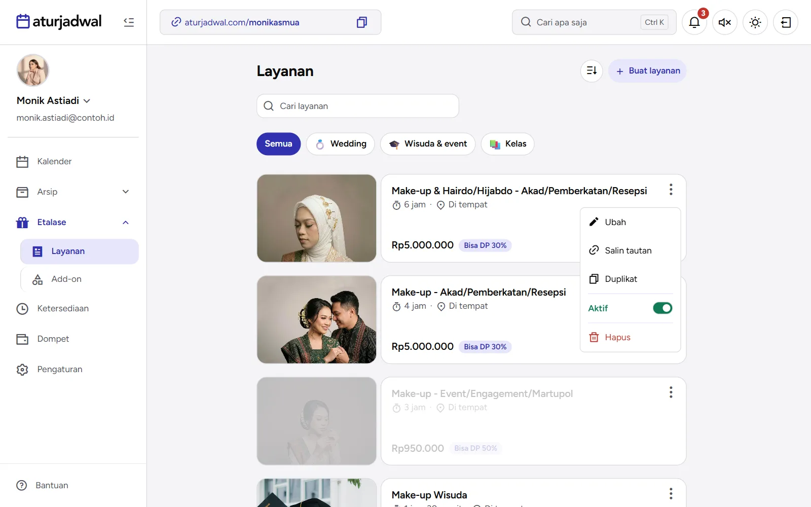 Tangkapan layar: menu kartu layanan dengan saklar Aktif, Duplikat, dan Hapus, tampilan desktop